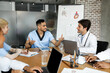 © Prostock-studio - Cheerful multiracial doctors men and women in uniforms sitting aroung table at clinic, having conversation, using modern gadgets, sharing professional experience, medical conference concept