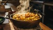 © mytour - Creamy baked mac and cheese with a golden crust, served in a cast iron skillet for a warm, rich, and comforting presentation.