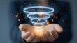 © TensorSpark - Hand holding a glowing digital conversion funnel hologram, symbolizing lead capture, customer journey and sales optimization.