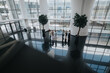 © qunica.com - Colleagues gathers in a bright, glass-walled lobby. They chat, share documents, and enjoy a moment of collaboration beside tall plants and reflective flooring in a contemporary corporate space.