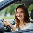 © arinda_BJ - Portrait of a confident and cheerful brunette woman sitting in the driver's seat of a modern vehicle and smiling at the camera