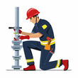 © Bima - Technician in red helmet adjusting valves on industrial pipeline at construction site, ensuring safety and efficiency in a demanding work environment.