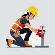 © Bima - Female construction worker adjusting valve on pipeline at industrial site with safety gear and focused expression during routine maintenance.