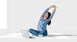 © hasan - Woman Stretching with Laptop in Light Room Digital Wellness and Work-Life Balance