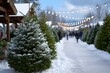 © Regina Gafarova - Outdoor holiday fair featuring snow-covered Christmas trees and shoppers choosing their favorites, illuminated by festive lights, creating a joyful winter atmosphere