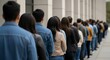 © PixMix - Diverse crowd standing in long line together outdoors creating anticipation and unity, symbolizing patience, community, and collective experience