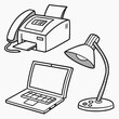 © Shope3 - Office desk items icons fax machine laptop and desk lamp vector illustration