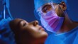 © CYBERPINK - Close-up of a surgeon and a patient in an operating room. the surgeon is wearing a blue surgical gown, a surgical cap, and a face mask with a pink filter.