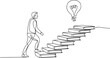 © MofajjolHossen - Single one line drawing a man walks on stairs made of books and a floating light bulb. Reading to find the best solution. Idea. National Creativity Day. one line Icon drawing