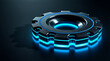 © Mini Minami - Futuristic metallic gear with glowing blue neon edges on dark background, symbolizing technology and innovation