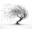 © Tuhin - Stylized black ink drawing of a wind-swept tree losing its leaves on white background.