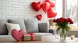 © pvl0707 - Romantic valentines day decoration with red roses, heart-shaped balloons, and candles for a cozy home interior setting by a grey sofa