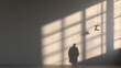 © Thiago - A minimalist space bathed in sunlight, with a person's shadow cast on the wall, highlighting architectural elements and creating an interplay of light and shadow