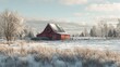 © Lilly - A tranquil scene of a small, quiet farm with snow covering the fields, a single red barn decorated with a modest wreath,