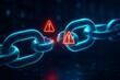 © Debirani - Glowing digital chain link breaking apart with red warning symbols, concept of cybersecurity breach and network vulnerability