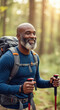 © vadosloginov - Happy black man hiking in forest with backpack