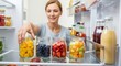 © photoplotnikov - Adult caucasian female organizes fresh fruit in refrigerator for healthy storage