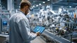 © Oleh - Male engineer in lab coat holding a tablet with data display, monitoring industrial robot arm manufacturing processes in a modern automated factory setting