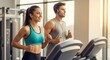 © yevhen89 - Happy young woman and man running on treadmills during a bright sunny day in a modern fitness gym interior