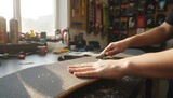 Hands shape grip tape on a skateboard deck in a cluttered workshop blending craft and street style. This moment reflects creation and individual expression