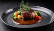 © Stella - a hot filet mignon is topped with a glossy brown sauce and garnished with herbs surrounded by vegetables on a dark plate