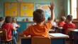 © Vadym - Young boy raises hand in elementary school class. Kids sit at desks learning together. Active student participates in lesson with eager participation.