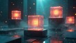 © Vadym - Glowing cubes levitate in misty digital space. Geometric shapes emit orange light, suggesting data energy. Futuristic platforms form abstract background for tech concepts. Deep blue light beams