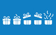 © Sheraz - White gift boxes in a sequence of opening on a blue background showing confetti coming out of the last box