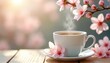 © Vadym - Coffee cup with pink spring blossoms on wooden desk. Hot drink with flower arrangement. Cozy morning with fresh aroma. Coffee break on sunny day relax time.