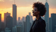 © Vadym - Smiling black woman stands at sunset in cityscape. Confident businesswoman wearing glasses looks happy. Works in corporate finance banking investment. Freedom achievement, successful career concept.