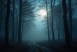 © Yaroslava - Illuminating Full Moon Shrouds Misty Forest Creating Enchanting Atmosphere Surrounded by Ethereal Beams