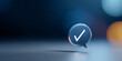 © Anastasiya Marchenko - Transparent speech bubble with white check mark symbol floating over smooth surface with blurred dark blue and orange background