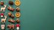 © AKM - Rustic woodland christmas decorations and natural elements on green.