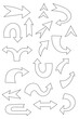 © Monika Jurczyk - Collection of black outline arrows in various styles and directions. Hand-drawn arrow doodle set: straight, curved, zigzag, U-turn, and double-headed designs on white background for navigation. PNG