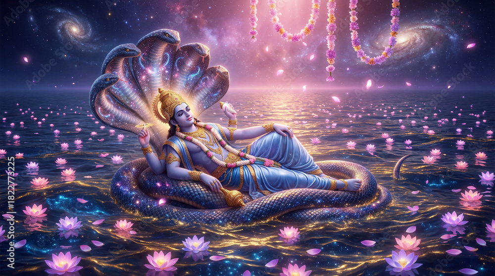 Lord vishnu reclining on sheshnag in a celestial ocean, surrounded by ...