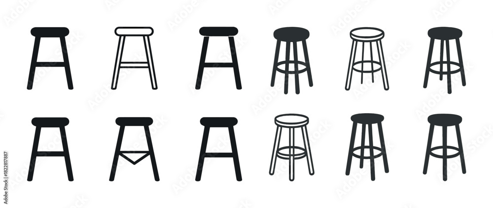 Set of twelve black and white bar stool silhouettes in various designs ...