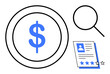 © robu_s - Dollar sign in circle, magnifying glass, and resume with star ratings representing cost analysis, hiring process, skills evaluation, and job application review. Ideal for business, finance