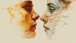 © Supachok - side profile faces facing opposite directions, one in warm tones one in cold, line connection fading between them, emotional contrast art, v7 high realism