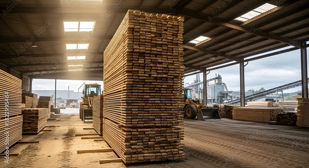 Stacked lumber in industrial warehouse highlighting construction ...