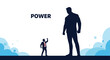 © Tahmina - Concept of business power and influence, showing a small businessman facing the giant shadow silhouette of a much larger, powerful man.