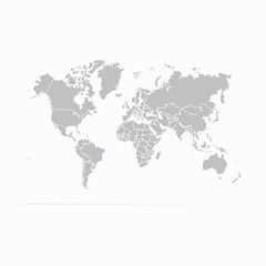  Detailed gray world map vector illustration on a clean white background. A global template showing continents like North and South America