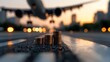 © songsi - Stack of Coins on Runway with Airplane in Background Under Dramatic Sunset and Blurred City Skyline
