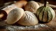 © Anuson - Soft homemade cookies with powdered sugar rest near a small pumpkin and wooden rolling pin on rustic wood surface for a holiday baking scene.