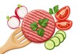 © Tanjil - Raw burger patty with fresh vegetables and wooden spatula