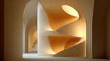 An abstract architectural interior with soft lighting creating a warm ambiance. The space features smooth, curved surfaces and geometric shapes.