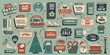 © Dukhanina Ekaterina - Retro Christmas winter town sticker set with holiday market,toy shop,book store,cinema,snowman,skates,festive signs. Vintage mid century 50s vector illustration for cozy new year holidays, road trip