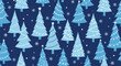 © Rezvi - A delightful seamless pattern showcasing stylized blue Christmas trees, decorated with lights, stars, and snowflakes, on a deep blue winter background.