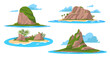© YummyBuum - Cartoon tropical islands. Exotic places for weekend background, land pieces in ocean or sea, natural landscapes, palm trees. Mountain summer scenery, qualitative vector isolated set