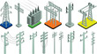 © Md - Electrical utility poles, power transmission lines, distribution infrastructure, transformer station icons, energy grid structures, industrial engineering elements for design projects