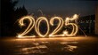 © DND - New Year 2025. Sparkling burning numbers Year 2025 isolated on black background. Beautiful Glowing golden overlay element for design holiday greeting card, billboard, flyer and Web banner